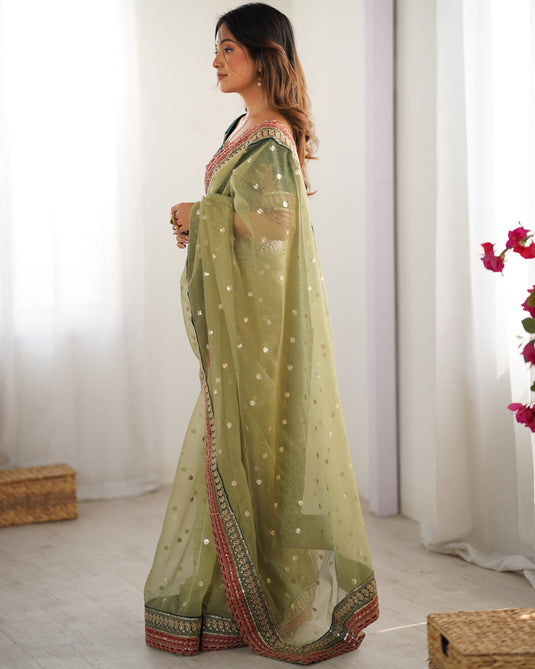 Peach Sequins Embroidered Organza Festive Wear Saree For Women