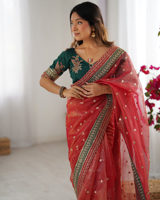 Peach Sequins Embroidered Organza Festive Wear Saree For Women