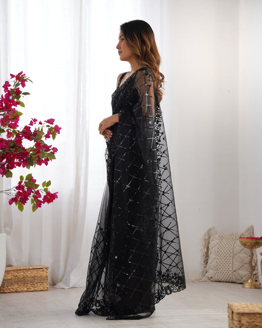 Black Sequins Embroidered Net Party Wear Saree For Women