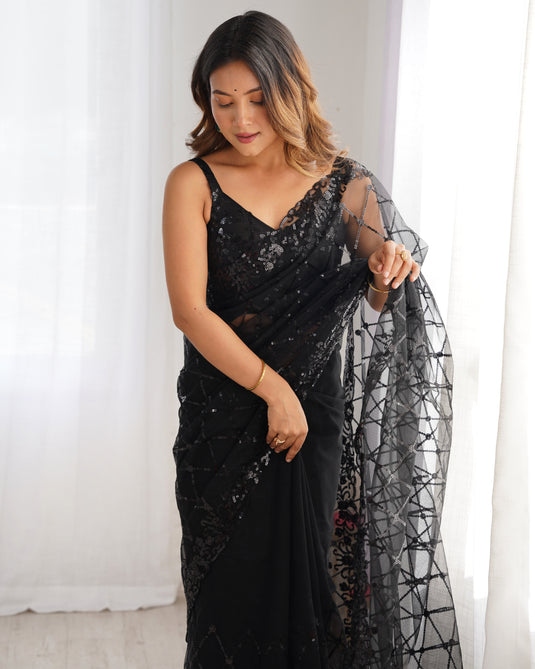 Black Sequins Embroidered Net Party Wear Saree For Women