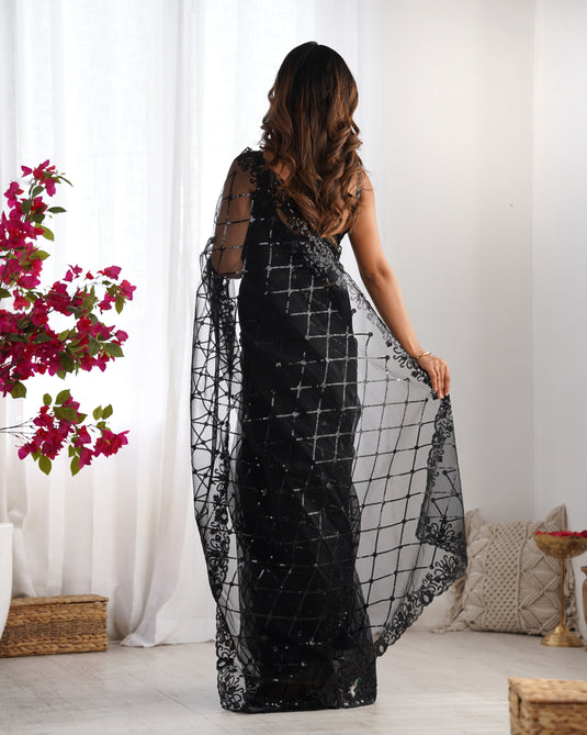 Black Sequins Embroidered Net Party Wear Saree For Women