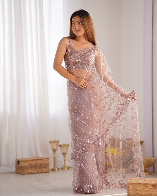 Black Sequins Embroidered Net Party Wear Saree For Women