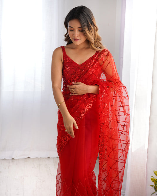 Black Sequins Embroidered Net Party Wear Saree For Women