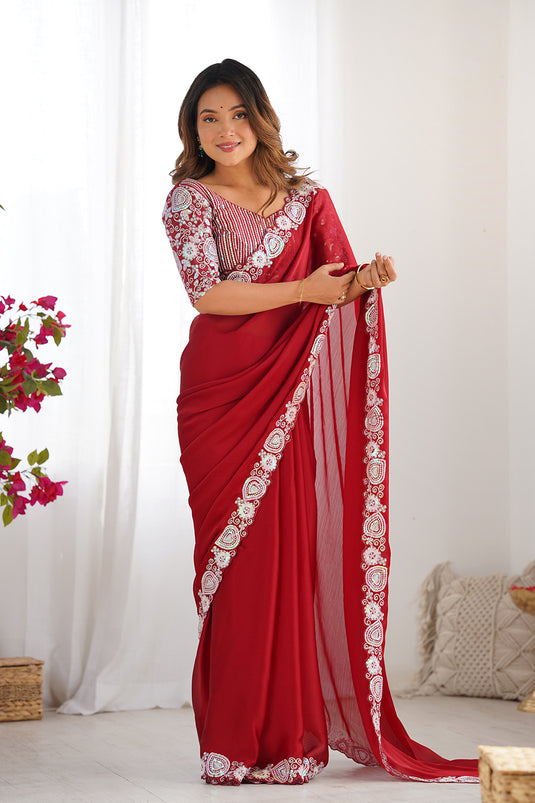 Red Sequins Embroidered Satin Chiffon Festive Wear Saree For Women