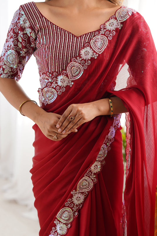 Red Sequins Embroidered Satin Chiffon Festive Wear Saree For Women