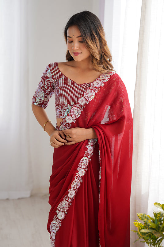 Red Sequins Embroidered Satin Chiffon Festive Wear Saree For Women