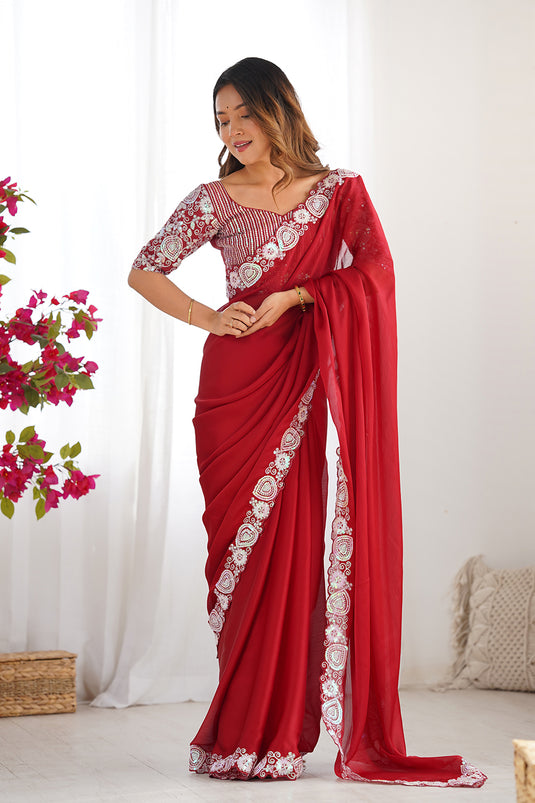 Red Sequins Embroidered Satin Chiffon Festive Wear Saree For Women