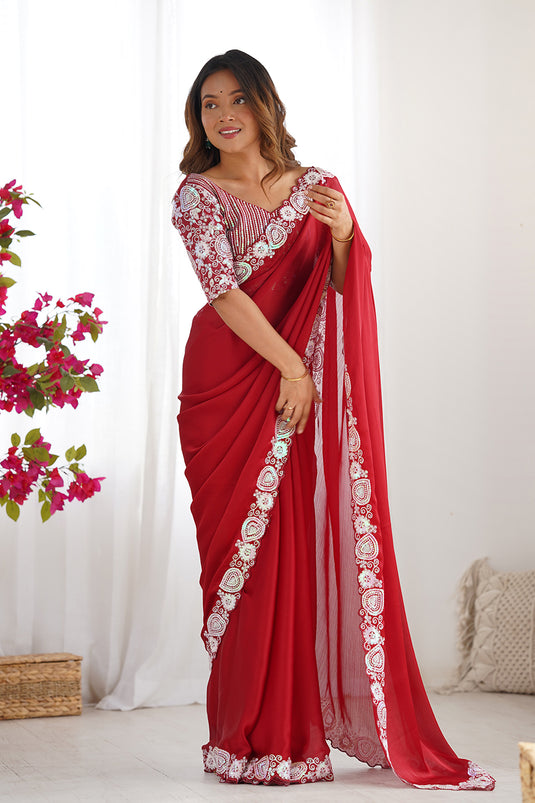 Red Sequins Embroidered Satin Chiffon Festive Wear Saree For Women