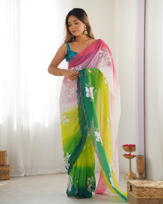 Multicolor Sequins Embroidered Georgette Padding Festive Wear Saree For Women