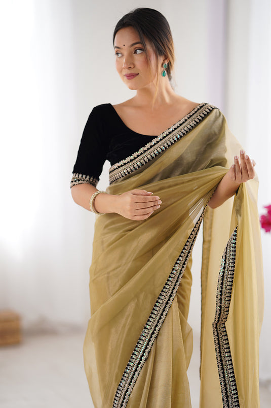 Beige Sequins Embroidered Twill Net Party Wear Saree For Women