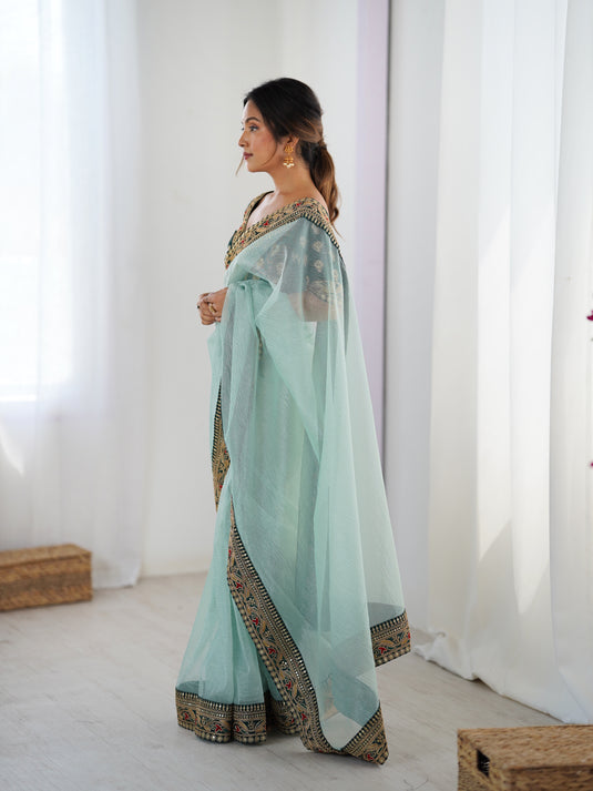 Cream Sequins Embroidered Twill Net Banarasi Crush Saree For Women