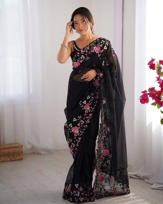 White Embroidered Chiffon Festive Wear Saree For  Women