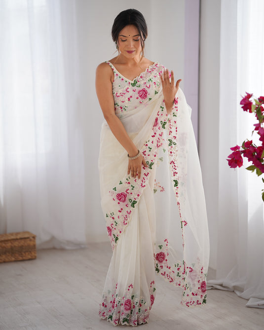 White Embroidered Chiffon Festive Wear Saree For  Women