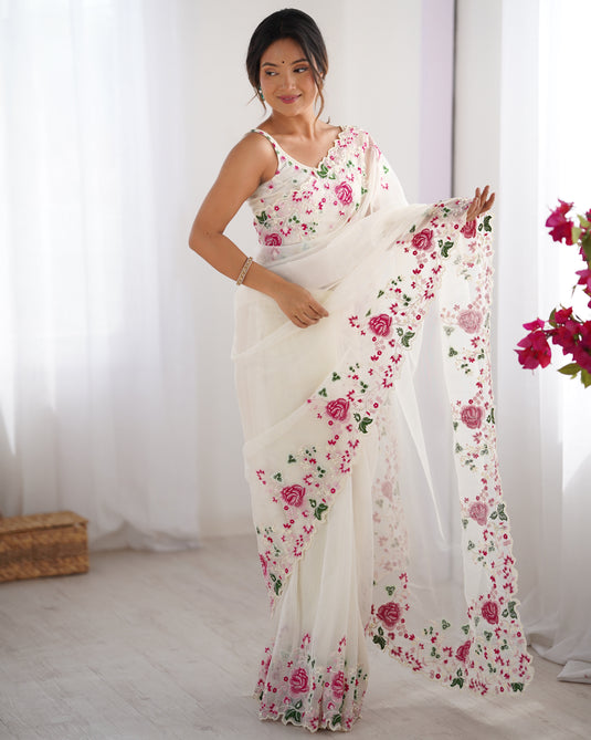 White Embroidered Chiffon Festive Wear Saree For  Women