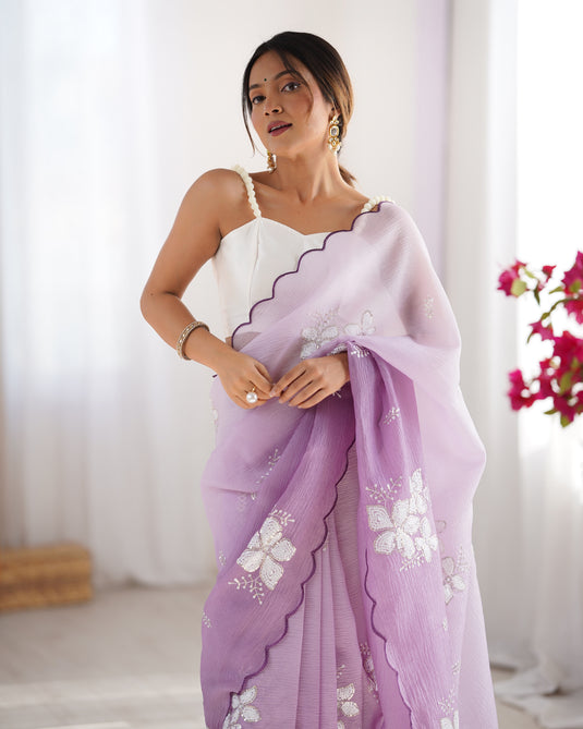 Purple Sequins Embroidered Candy Crush Padding Party Wear Saree For Women