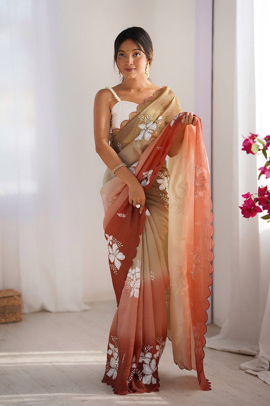 Beige Dual Sequins Embroidered Crunchy Crush Padding Party Wear Saree For Women