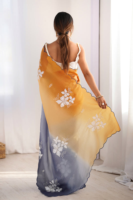 Beige Dual Sequins Embroidered Crunchy Crush Padding Party Wear Saree For Women