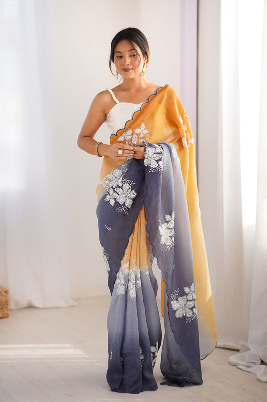 Beige Dual Sequins Embroidered Crunchy Crush Padding Party Wear Saree For Women