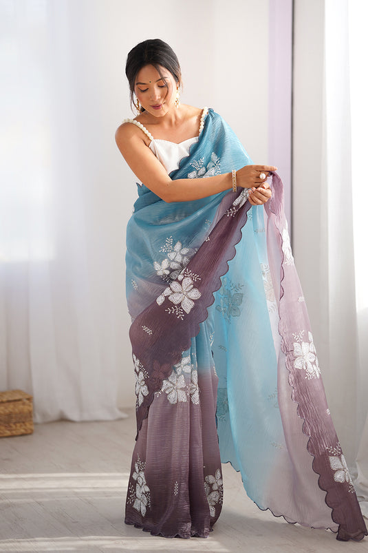 Beige Dual Sequins Embroidered Crunchy Crush Padding Party Wear Saree For Women