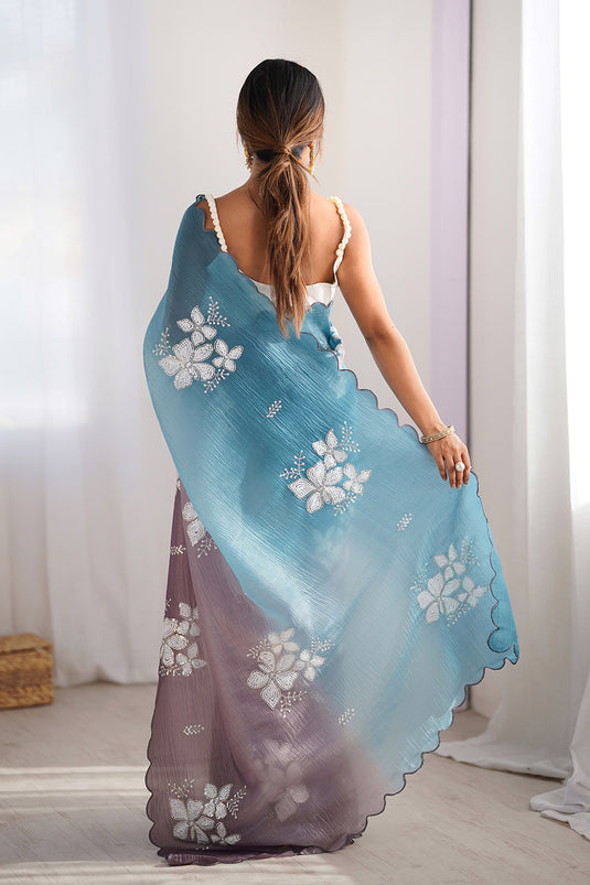 Beige Dual Sequins Embroidered Crunchy Crush Padding Party Wear Saree For Women