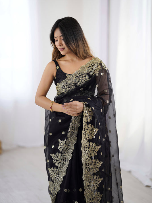 Rama Sequins Embroidered Soft Twill Net Festive Saree For Women