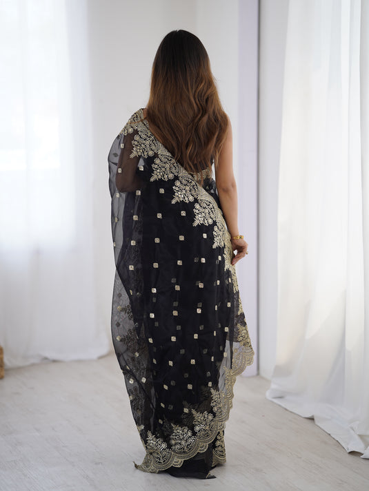 Rama Sequins Embroidered Soft Twill Net Festive Saree For Women