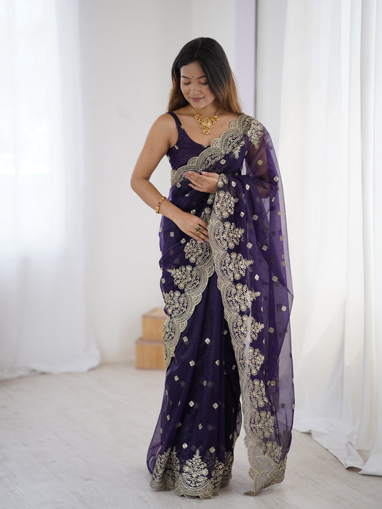 Rama Sequins Embroidered Soft Twill Net Festive Saree For Women