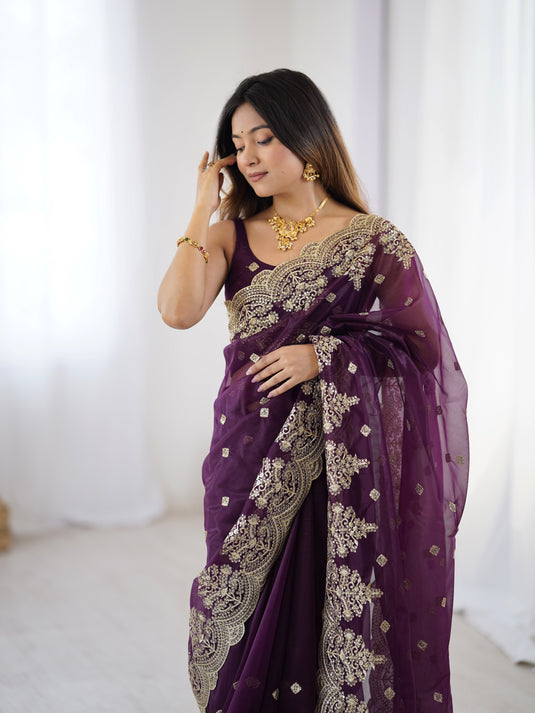 Rama Sequins Embroidered Soft Twill Net Festive Saree For Women