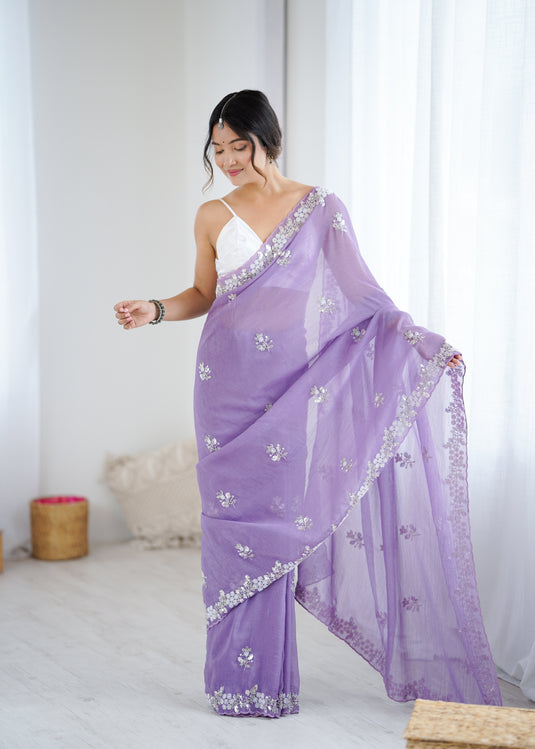 Mauve Embroidered Chiffon Crush Party Wear Saree For Women
