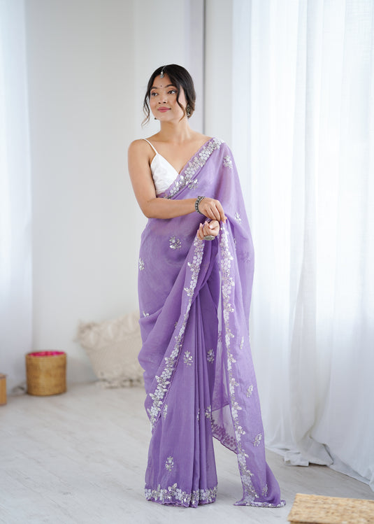 Mauve Embroidered Chiffon Crush Party Wear Saree For Women