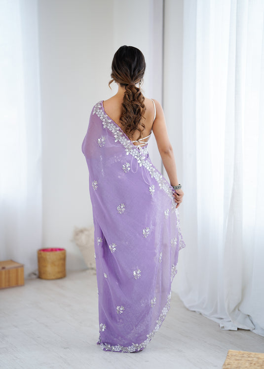 Mauve Embroidered Chiffon Crush Party Wear Saree For Women