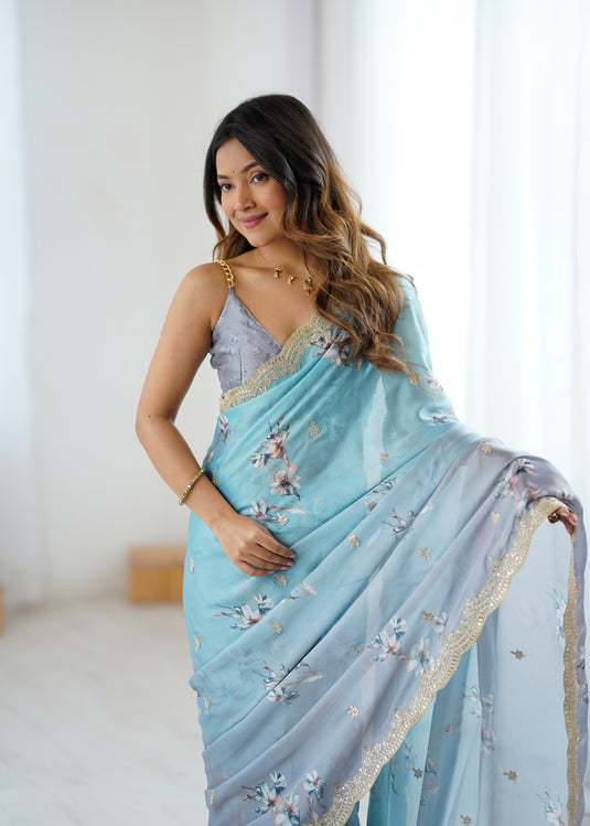 Beige Grey Sequins Embroidered Satin Chiffon Festive Saree For Women