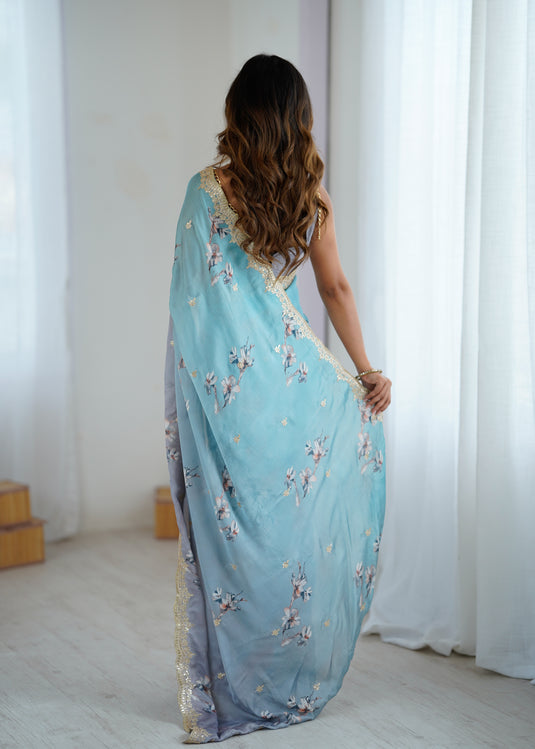 Beige Grey Sequins Embroidered Satin Chiffon Festive Saree For Women
