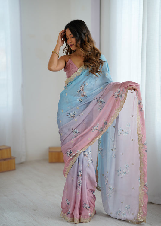 Beige Grey Sequins Embroidered Satin Chiffon Festive Saree For Women