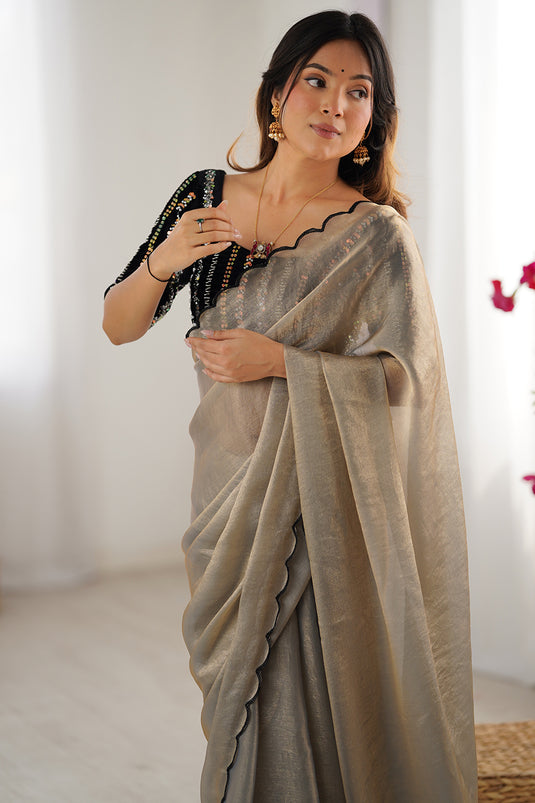 Golden Embellished Chiffon Silk Party Saree For Women
