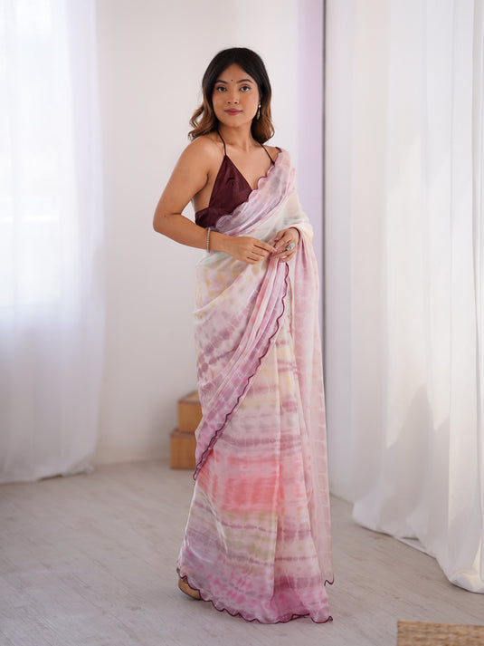 Cream Batik Print Satin Space Silk Party Wear Saree For Women