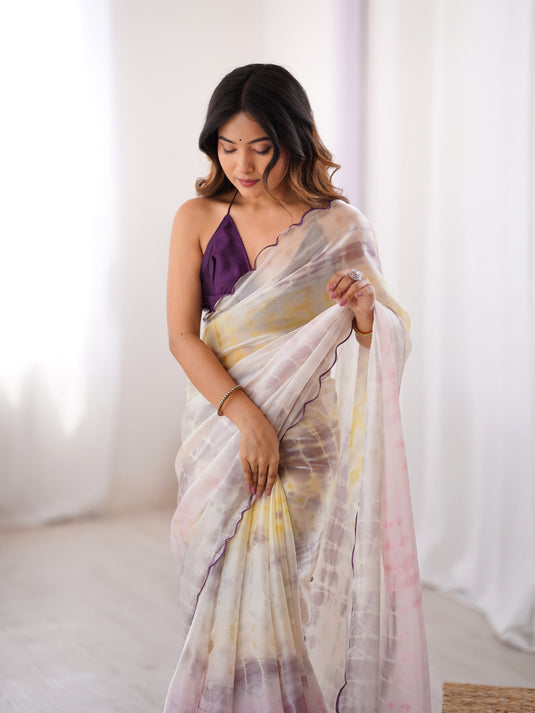 Cream Batik Print Satin Space Silk Party Wear Saree For Women