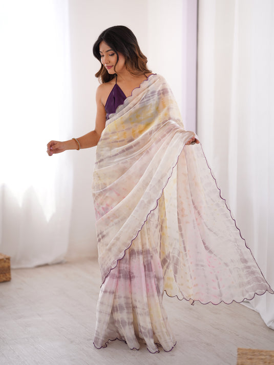 Cream Batik Print Satin Space Silk Party Wear Saree For Women