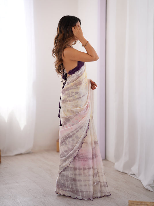 Cream Batik Print Satin Space Silk Party Wear Saree For Women