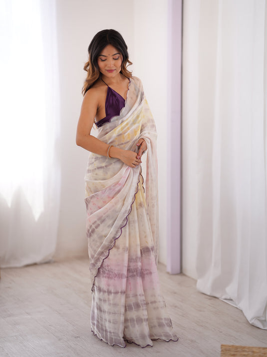 Cream Batik Print Satin Space Silk Party Wear Saree For Women