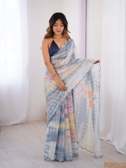 Cream Batik Print Satin Space Silk Party Wear Saree For Women