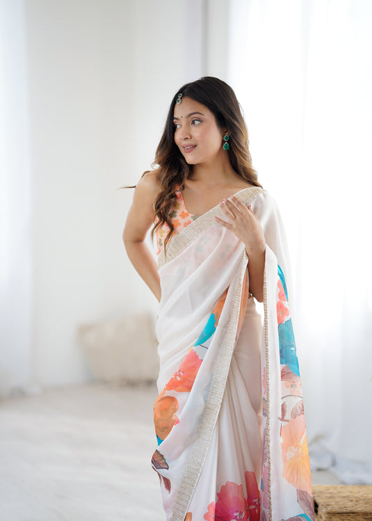 Blue Embellished Satin Chiffon Festive Wear Saree For Women