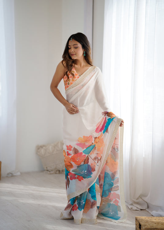 Blue Embellished Satin Chiffon Festive Wear Saree For Women