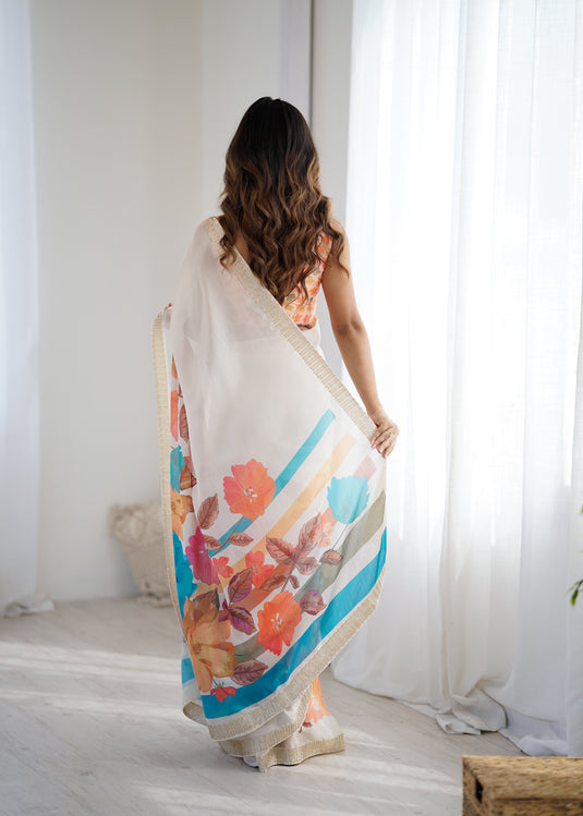 Blue Embellished Satin Chiffon Festive Wear Saree For Women