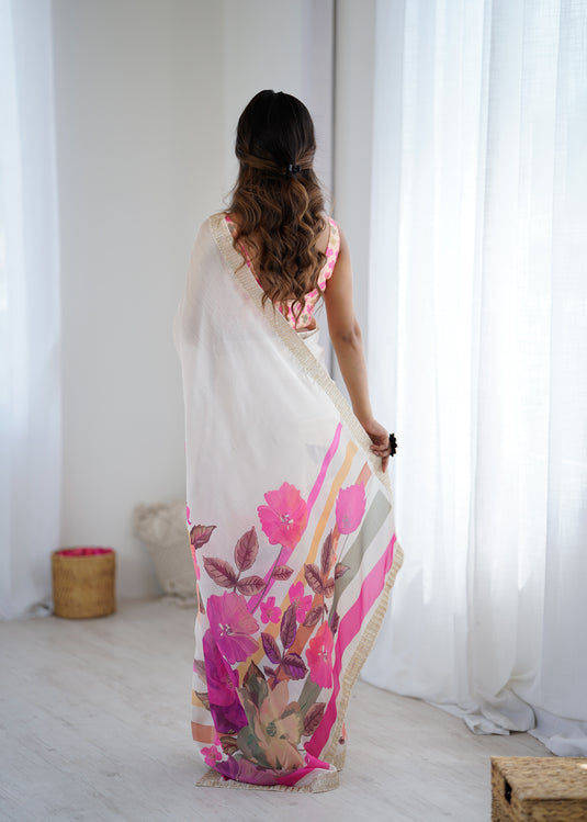 Blue Embellished Satin Chiffon Festive Wear Saree For Women