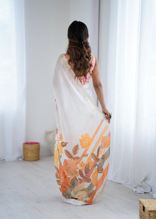 Blue Embellished Satin Chiffon Festive Wear Saree For Women