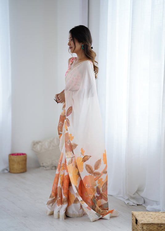 Blue Embellished Satin Chiffon Festive Wear Saree For Women