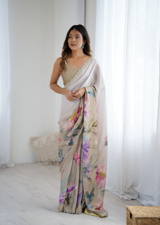 Beige Embellished Satin Georgette Saree For Women