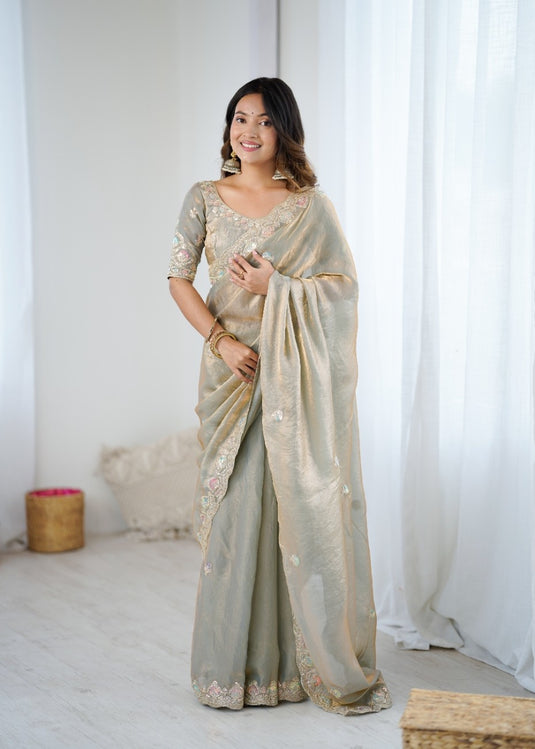 Beige Sequins Embroidered Two Tone Fendy Satin Festive Wear Saree For Women