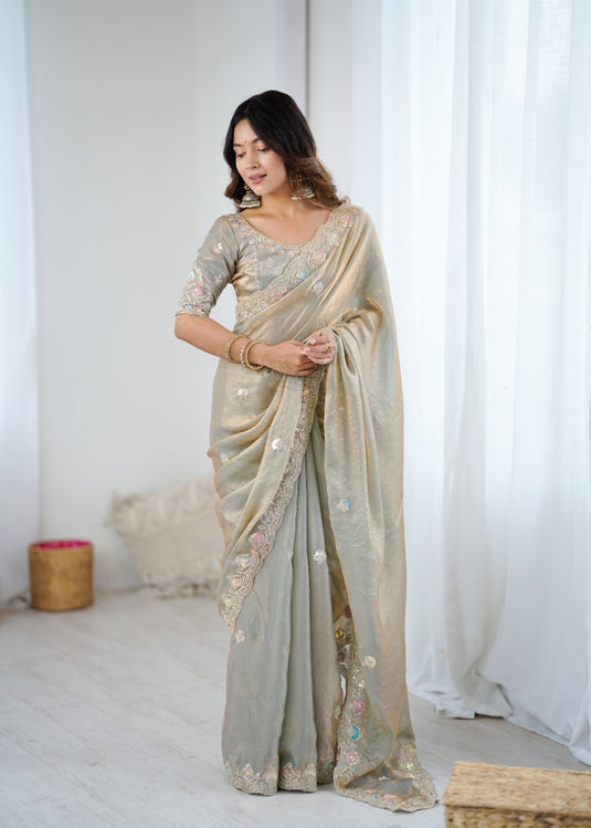 Beige Sequins Embroidered Two Tone Fendy Satin Festive Wear Saree For Women